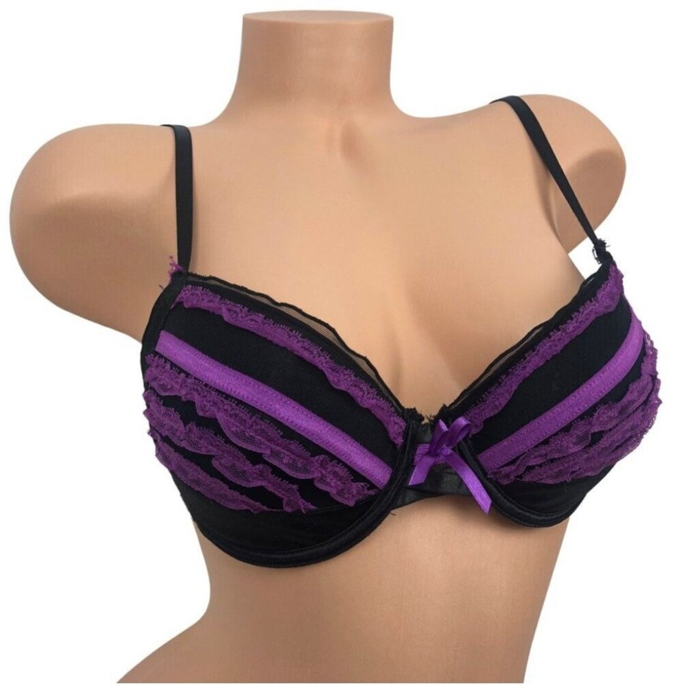 Native Intimates Padded Push Up Demi Balconette Bra 36C Ruffle Bow Purple Black‎